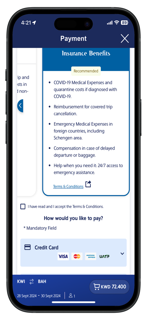 Kuwait Airways app payment screen showing insurance benefits and credit card payment options