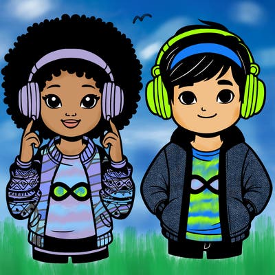 an afroamerican girl with headphones and a boy with headphones, they have an ♾️ symbol on their shirt