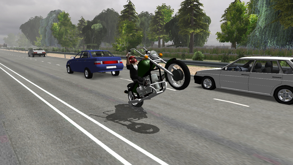 Russian Moto Traffic Rider 3D - A motorcycle rider performing a wheelie on a highway between cars in Russian Moto Traffic Rider 3D