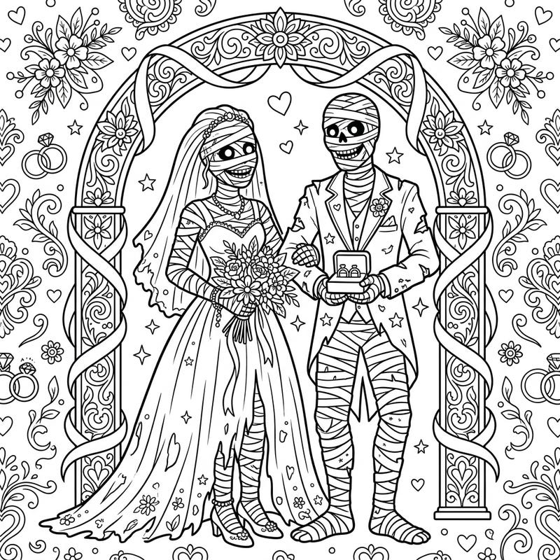 Dive into a wonderfully whimsical world with our Undead Mummies Wedding coloring page, where eternal love takes on a delightfully spooky charm. Perfect for those who adore a touch of the macabre mixed with heartwarming romance.