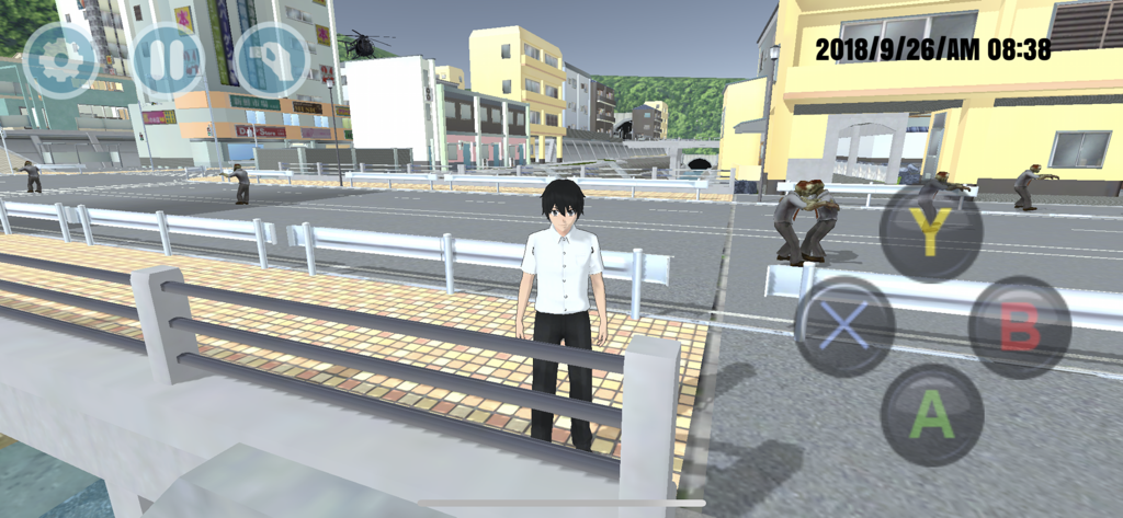 An anime character standing on a city street in HighSchool Simulator GirlA with zombies and gameplay controls visible