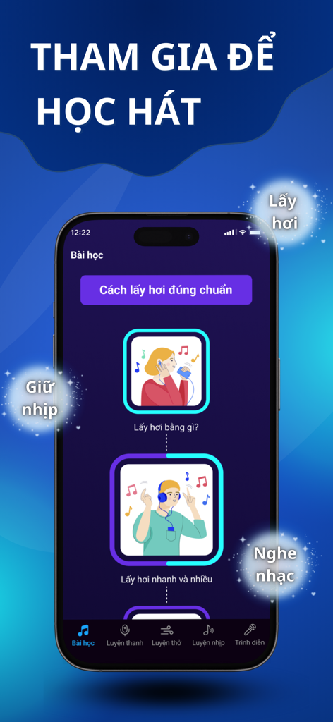IKARA app screen showing vocal training and breathing lessons for karaoke.