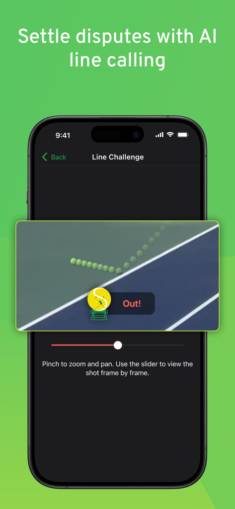 SwingVision app screen showing AI line calling with a frame-by-frame replay of a tennis ball landing out.