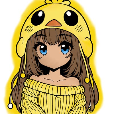anime girl with chick shaped hat with sweater with bare shoulders with bangs covering them one eye with low tail