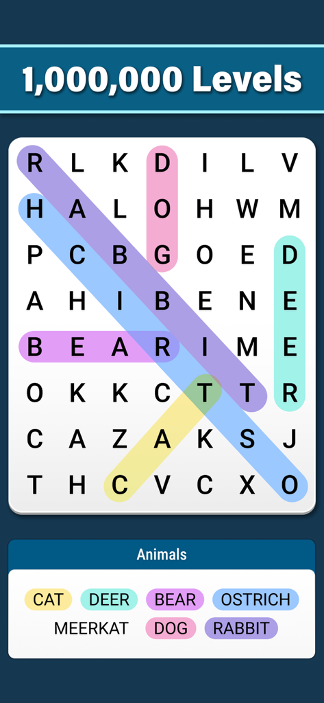 Word search puzzle game screen showing an animal category with highlighted words and a banner for one million levels.