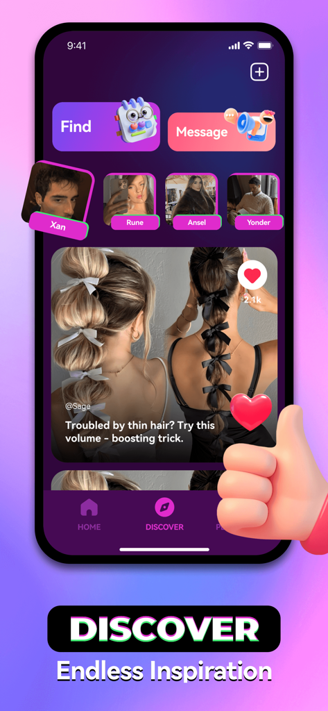 Hiohub - Meet，Video Calls - Hiohubアプリのディスカバーインターフェース。ライフスタイルトレンドとソーシャルディスカバリープロフィールを特集しています。