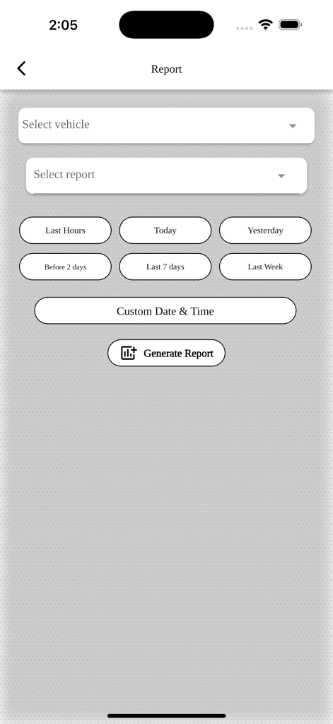 IAI TRACK PRO - IAI TRACK PRO App-Oberfläche zur Erstellung von Flottenberichten mit Fahrzeugauswahl und Zeitbereichsoptionen.