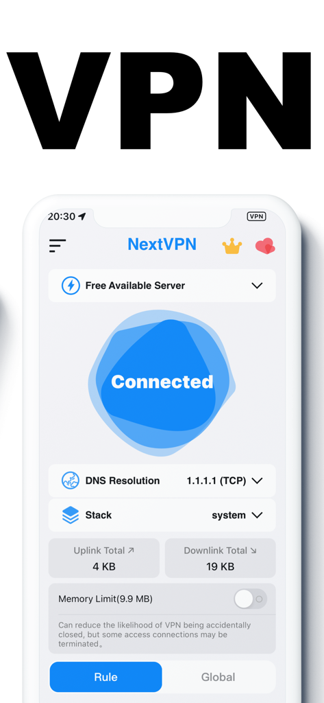 NextVPN app interface showing a connected secure status on iPhone
