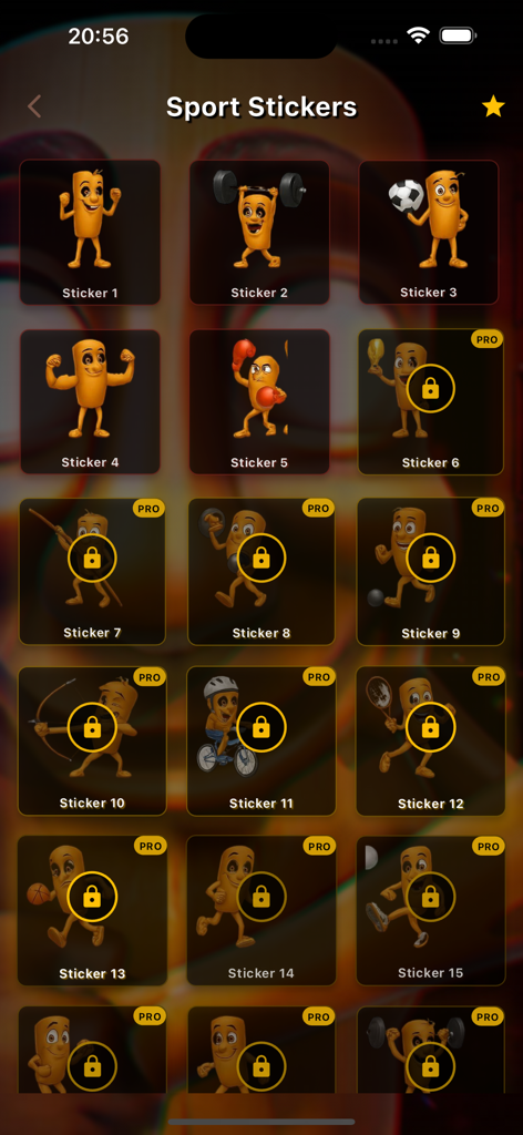 Hantu Tung Tung Tung Sahur - Un menú de stickers temáticos de deportes con el personaje Hantu Tung Tung en varias poses atléticas, con varios stickers bloqueados como contenido profesional.