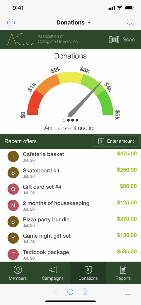 Claris FileMaker Go 2024 - Claris FileMaker Go 2024 dashboard displaying a fundraising gauge chart and a list of silent auction items