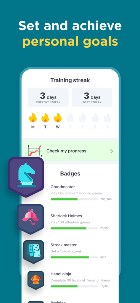 Impulse - Brain Training - Schermata che mostra serie di allenamenti e badge di risultati nell'app di allenamento cerebrale Impulse.