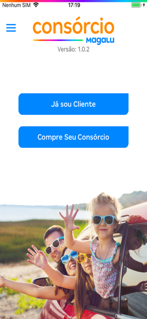 Tela de boas-vindas do aplicativo Consórcio Magalu com botões para login como cliente ou para comprar um novo plano