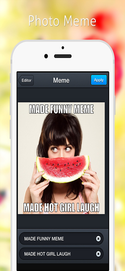 Image Editor - Filters Sticker - Ein Screenshot der Bildbearbeitungs-App, der die Erstellung eines Memes mit oberem und unterem Text über einem Foto zeigt