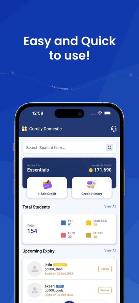 Gurully Institute - Dashboard of the Gurully Institute app showing student statistics and management tools for English test preparation centers.