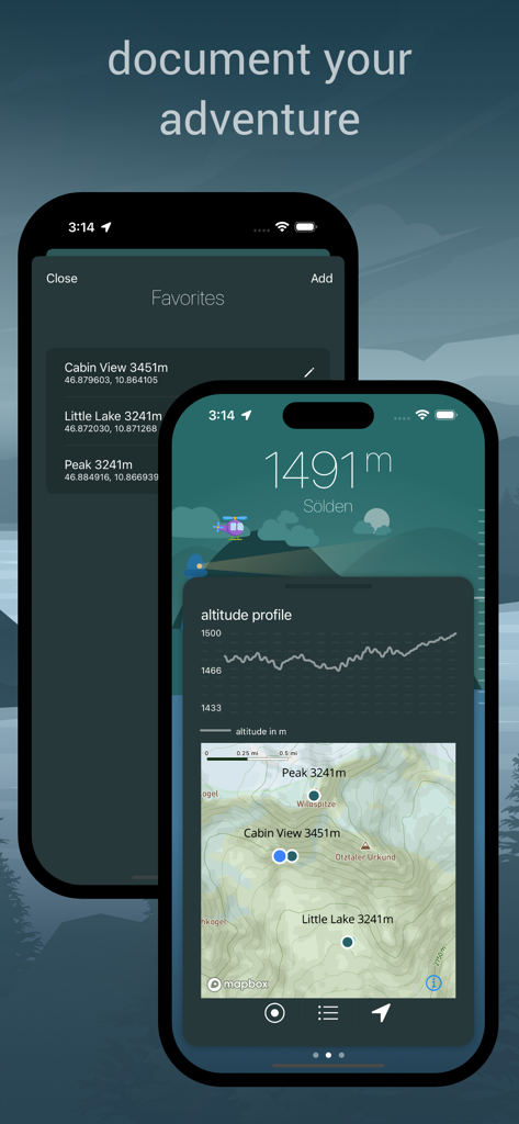 Menti app interface showing altitude profile and topographic map with pinned locations