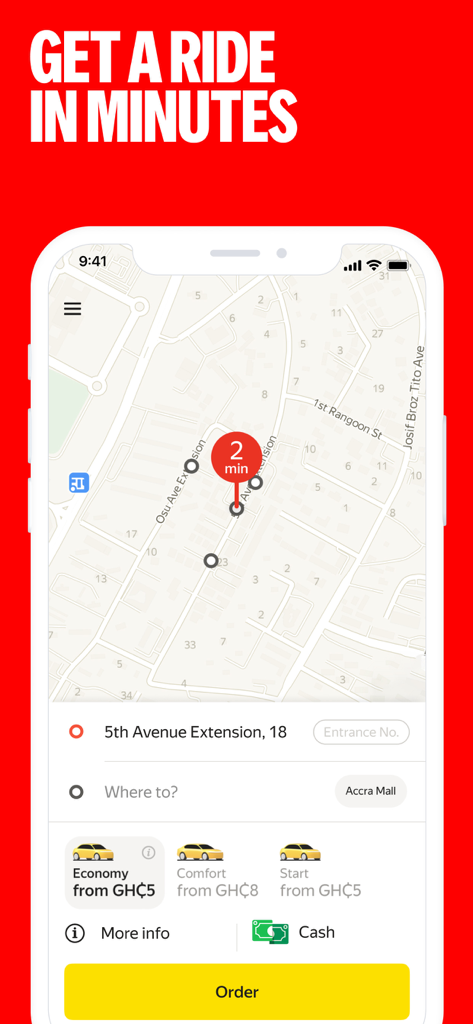 Interfaz de la aplicación móvil Yango Lite que muestra un mapa y varias opciones de servicio de viaje como Económica y Confort