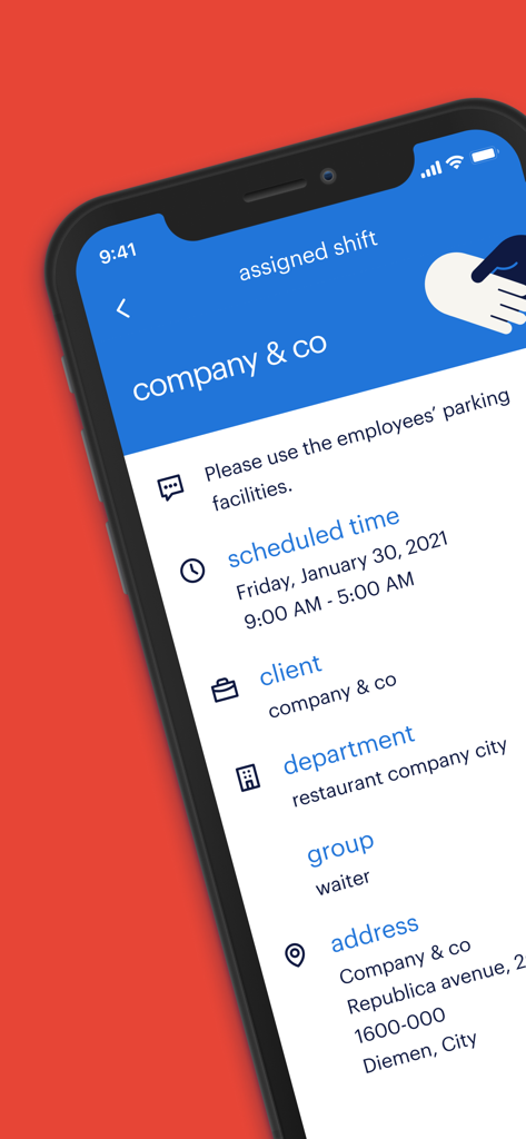 my Randstad - A mobile screen from the my Randstad app showing details for an assigned shift including job title, schedule, and location.