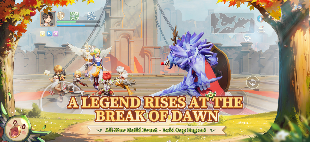 Heróis de anime se preparam para batalhar contra um chefe cristalino gigante durante o evento de guilda da Taça Loki em Ragnarok Origin ROO.