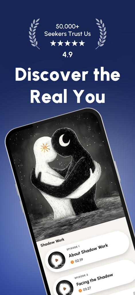 Shadow Work - Mindberg - Shadow Work Mindberg app intro screen with headline Discover the Real You and Jungian psychology lessons