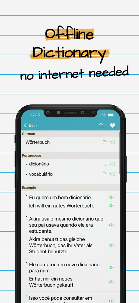 Interface do aplicativo de dicionário alemão português mostrando traduções para Woerterbuch e frases de exemplo com um título de acesso offline.