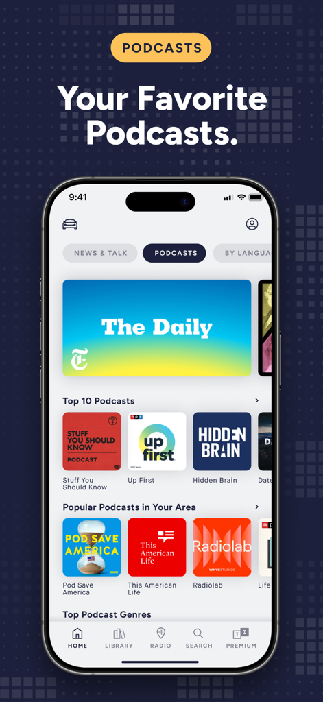 TuneIn Radio app interface showing a selection of popular podcasts including The Daily and This American Life