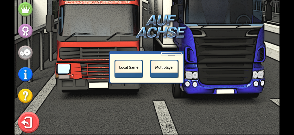 Main menu screen of Auf Achse board game featuring red and blue trucks with local game and multiplayer options