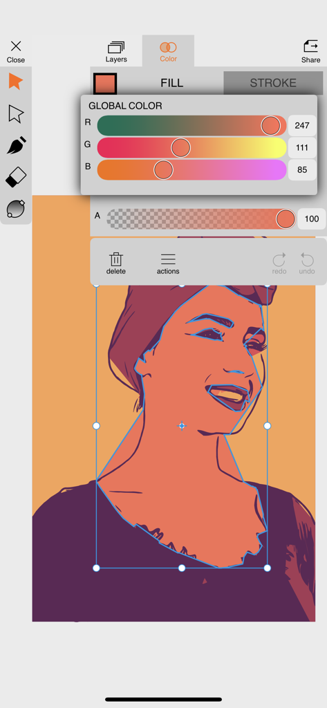 Imaengine app interface showing a pop art portrait being edited with vector selection tools and RGB color sliders.