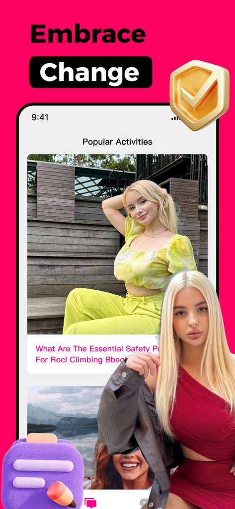 Rino - Free Your Passion - Rinoアプリインターフェース。「変化を受け入れよう」というスローガンの下、人気のアクティビティとユーザーのストーリーが表示されています。