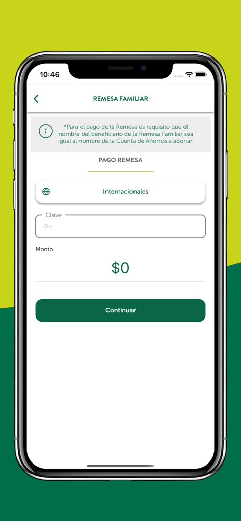 FEDE MÓVIL - Pantalla de la aplicación FEDE MÓVIL para remesas familiares y transferencias internacionales de dinero.