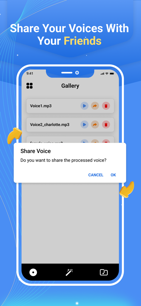 Vocalabs: Gender voice changer - Interfaz de la aplicación Vocalabs que muestra una galería de grabaciones guardadas y una solicitud de diálogo para compartir voz.
