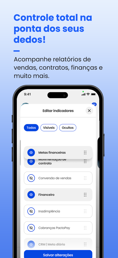 Pacto App - Pacto App mobile interface for customizing gym management reports and indicators.