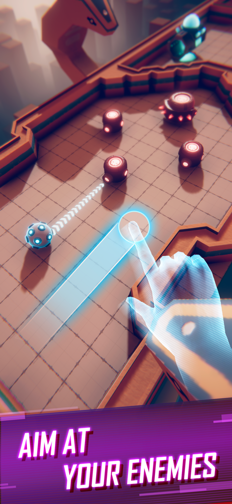 Captura de pantalla de la jugabilidad de Flaming Core mostrando la mecánica de apuntar a enemigos en un nivel de neón