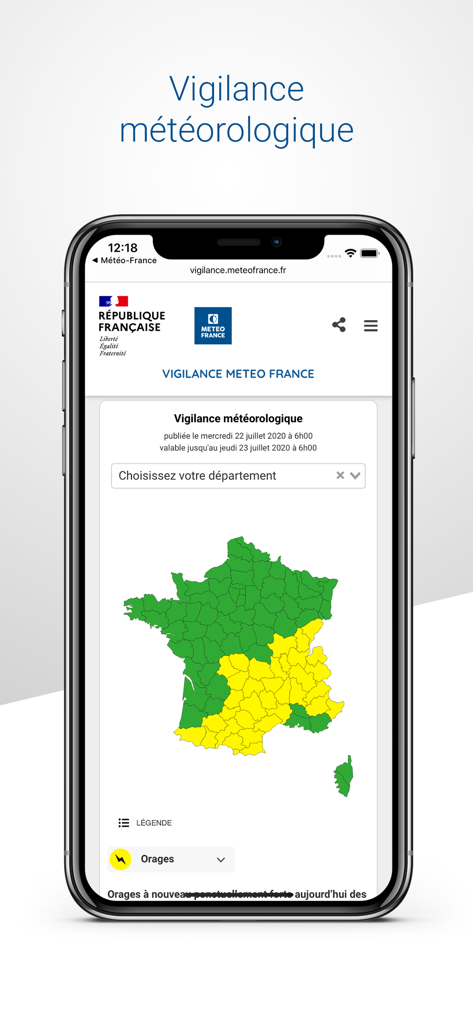 App Météo-France che mostra una mappa delle allerte di vigilanza meteorologica della Francia con regioni gialle e verdi