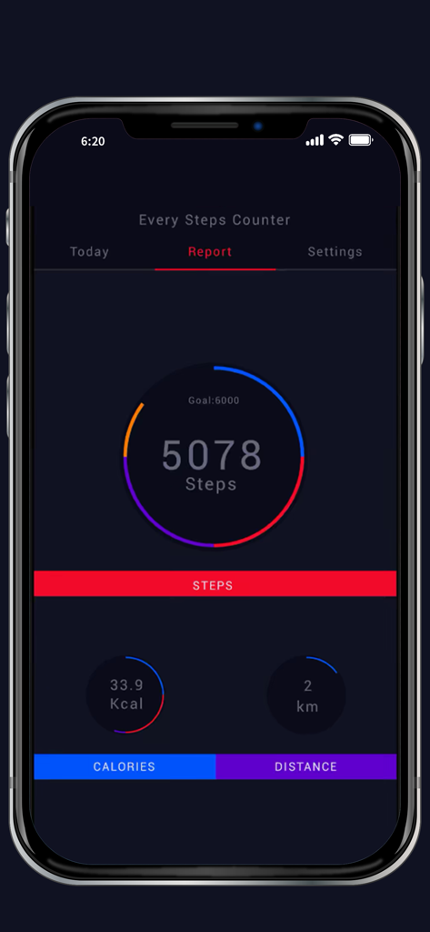 Every Step Counting app daily report showing steps calories and distance