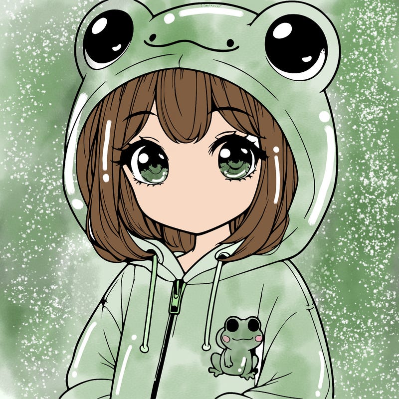 cute realistic girl in a froggy hoodie