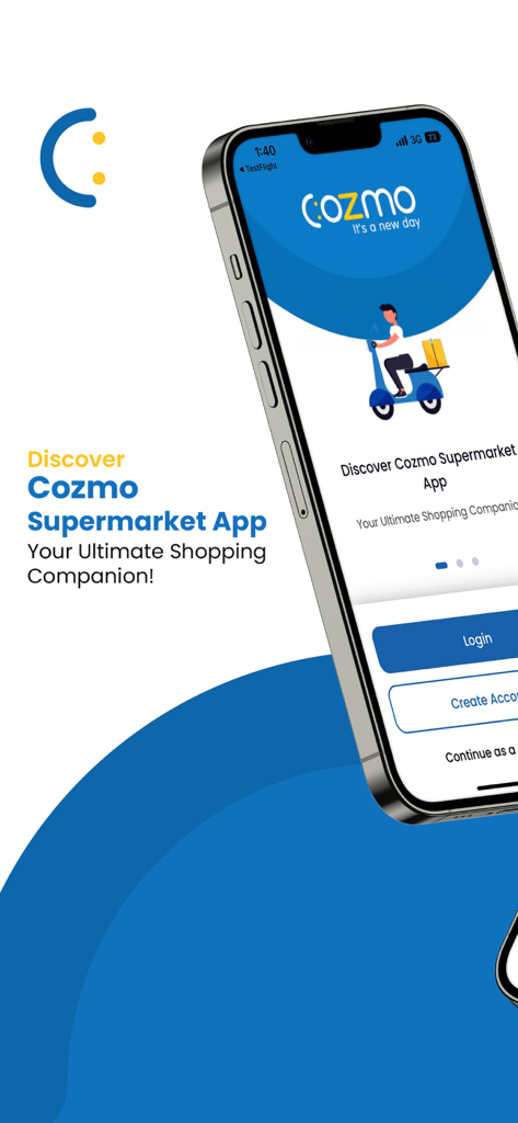 Cozmo Supermarket app welcome screen featuring a delivery person on a scooter and login options.
