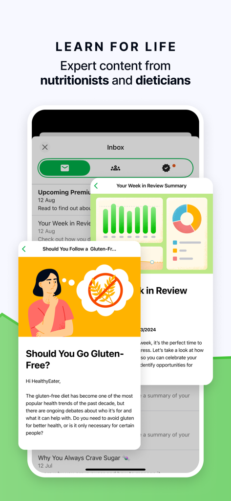 Fatsecret app interface showing articles from nutritionists and weekly summary charts