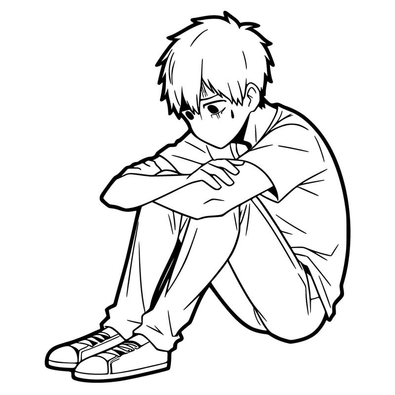 sad and lonely anime man  sitting on is own