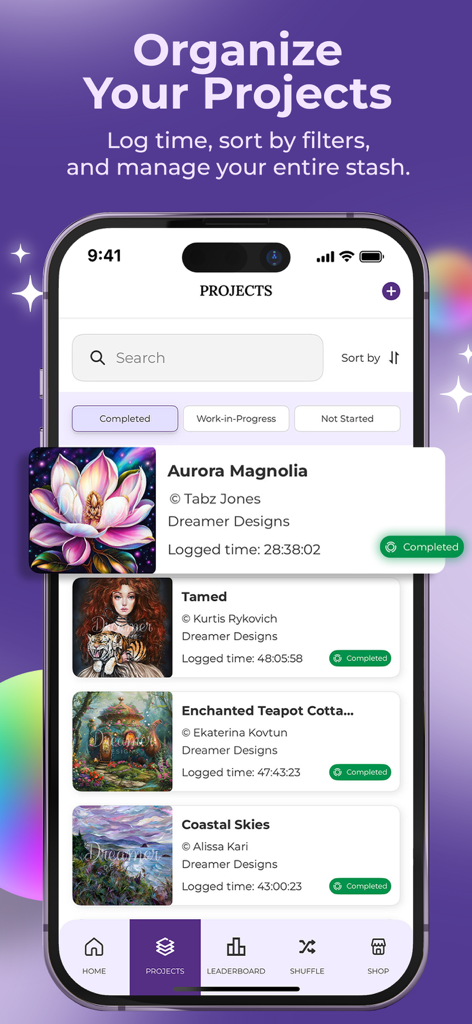 Dreamer Diaries - Dreamer Diariesアプリのインターフェース。整理されたダイヤモンドペインティングプロジェクトのリストと記録された完了時間が表示されます。
