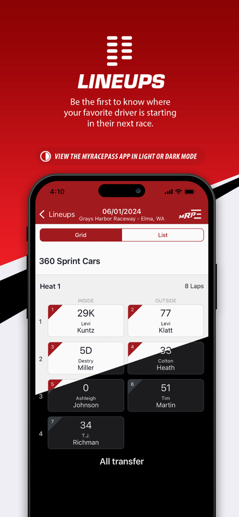 L'application MyRacePass affichant les grilles des séries de 360 Sprint Car dans une vue en grille.