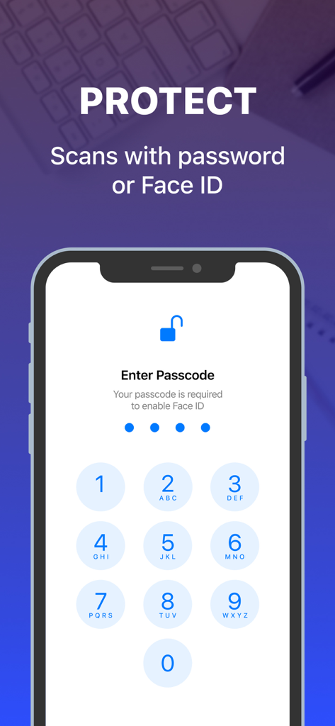 iPhone screen showing the passcode entry feature to protect scanned documents with password or Face ID