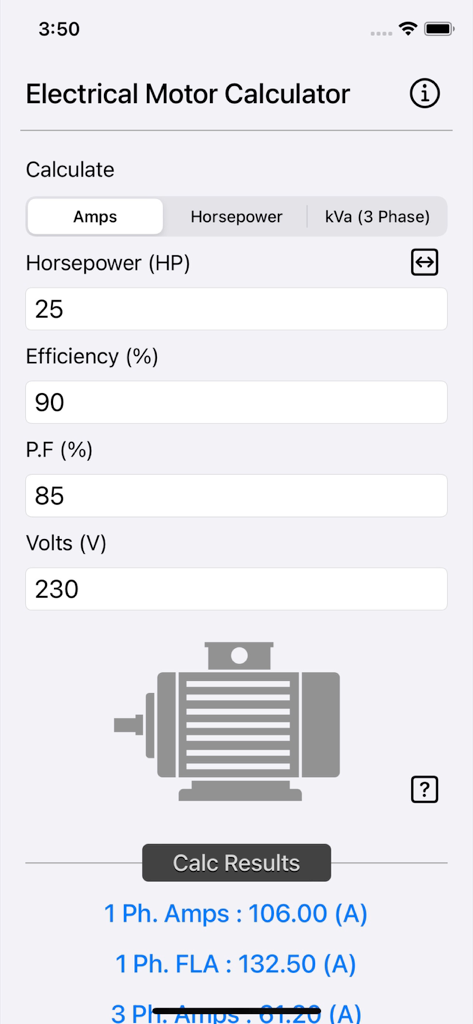 Electrical Motor Calculator - Interface of the Electrical Motor Calculator app displaying input fields for horsepower efficiency power factor and voltage to calculate motor amperage