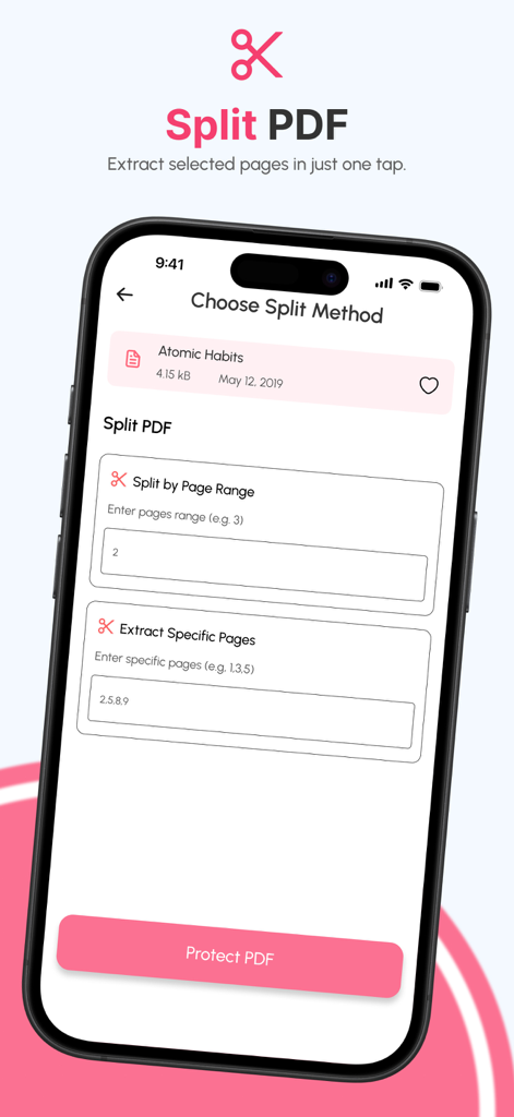 PDF Reader - AI PDF Tools - PDFリーダーアプリのモバイルインターフェース。PDFをページ範囲で分割したり、特定のページを抽出したりするオプションが表示されています。