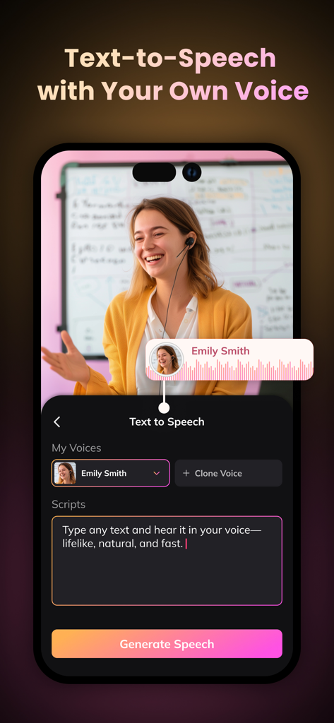 Interface of the Vozo app showing the text to speech feature using a cloned personal voice