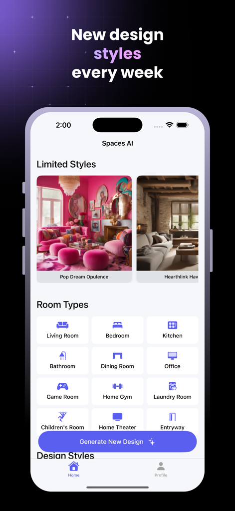 Spaces AI - Interior Design - Interfaccia dell'app Spaces AI che mostra stili di interior design e categorie di selezione delle stanze