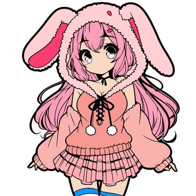 pretty anime girl wearing a fluffy hoodie with bunny ears on the hood and a skirt