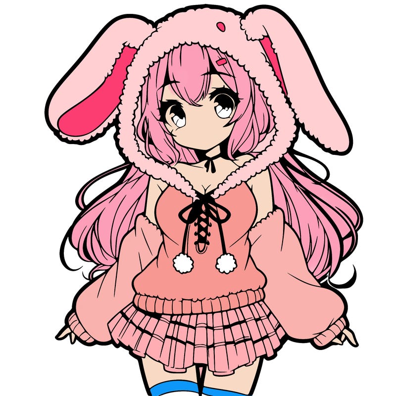 pretty anime girl wearing a fluffy hoodie with bunny ears on the hood and a skirt