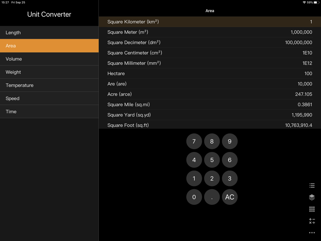 The Unit Converter interface in the Calculator for iPad app showing area measurement conversions and a numeric keypad.