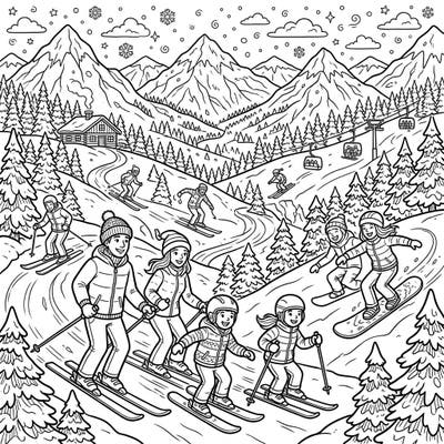 Embrace the thrill of winter sports with this delightful coloring page featuring families enjoying skiing and snowboarding. It's a perfect scene to bring to life with your favorite colors.