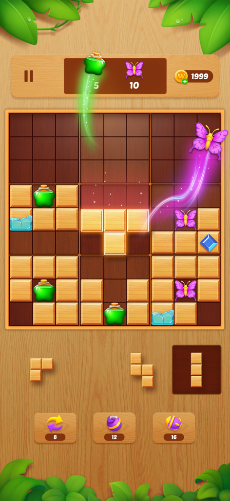 Block Crush: Wood Block Puzzle - Block Crush Wood Block Puzzle gameplay interface with butterfly collection goals and wooden grid